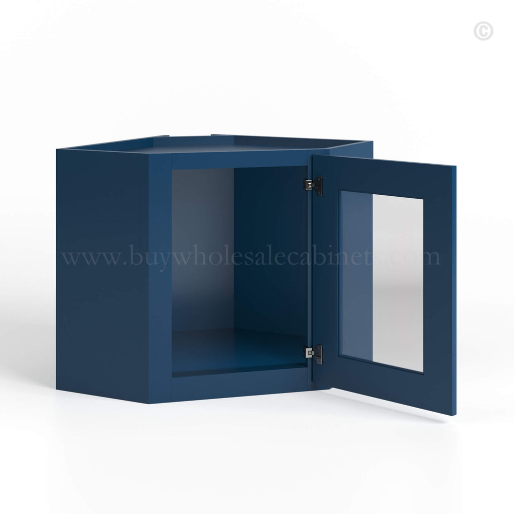 Navy Blue Shaker 12 x 24 Diagonal Corner Wall Cabinet with Glass Door