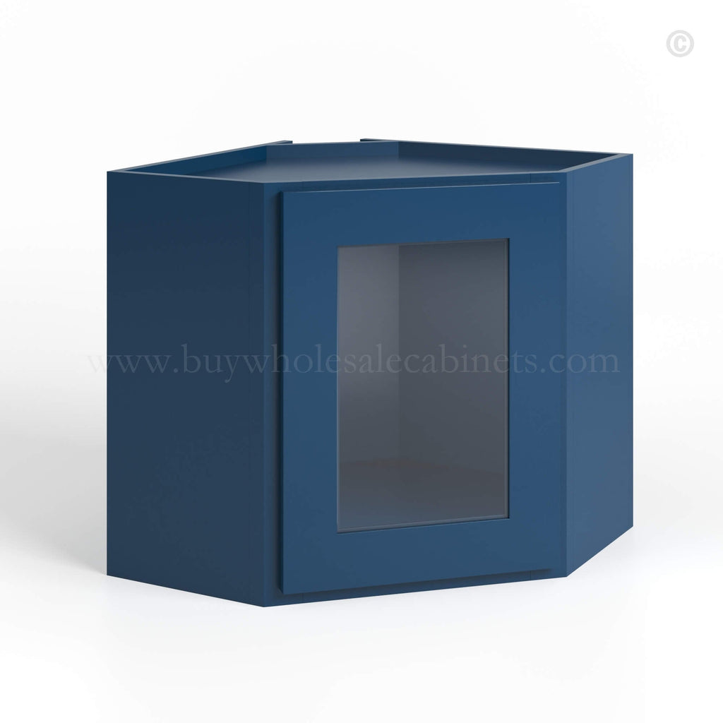 Navy Blue Shaker 12 x 24 Diagonal Corner Wall Cabinet with Glass Door