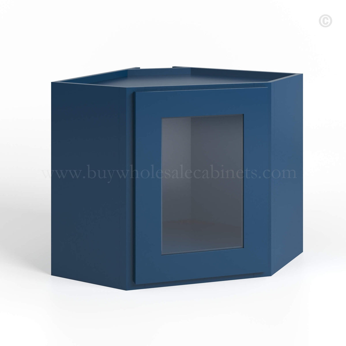 Navy Blue Shaker 12 x 24 Diagonal Corner Wall Cabinet with Glass Door