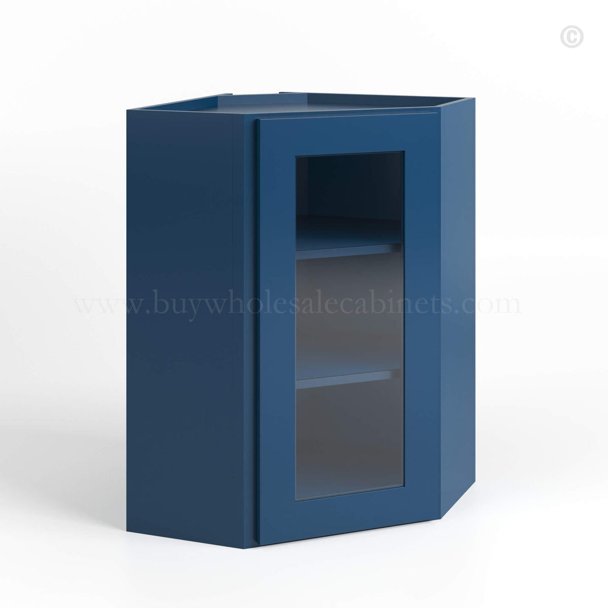 Navy Blue Shaker 24″ Diagonal Corner Wall Cabinet with Glass Door