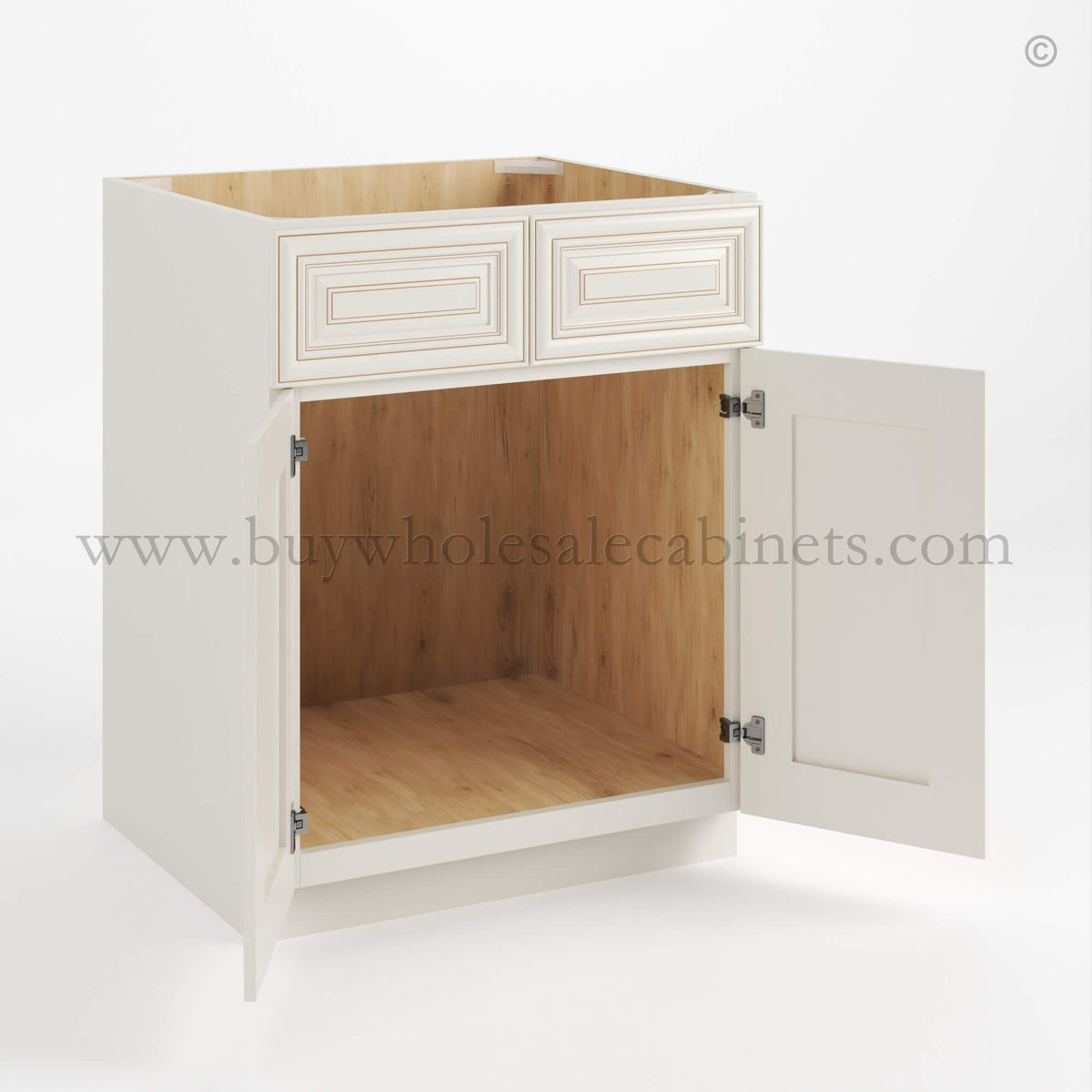 Charleston White Raised Panel Sink Base With Double Doors and False Drawers