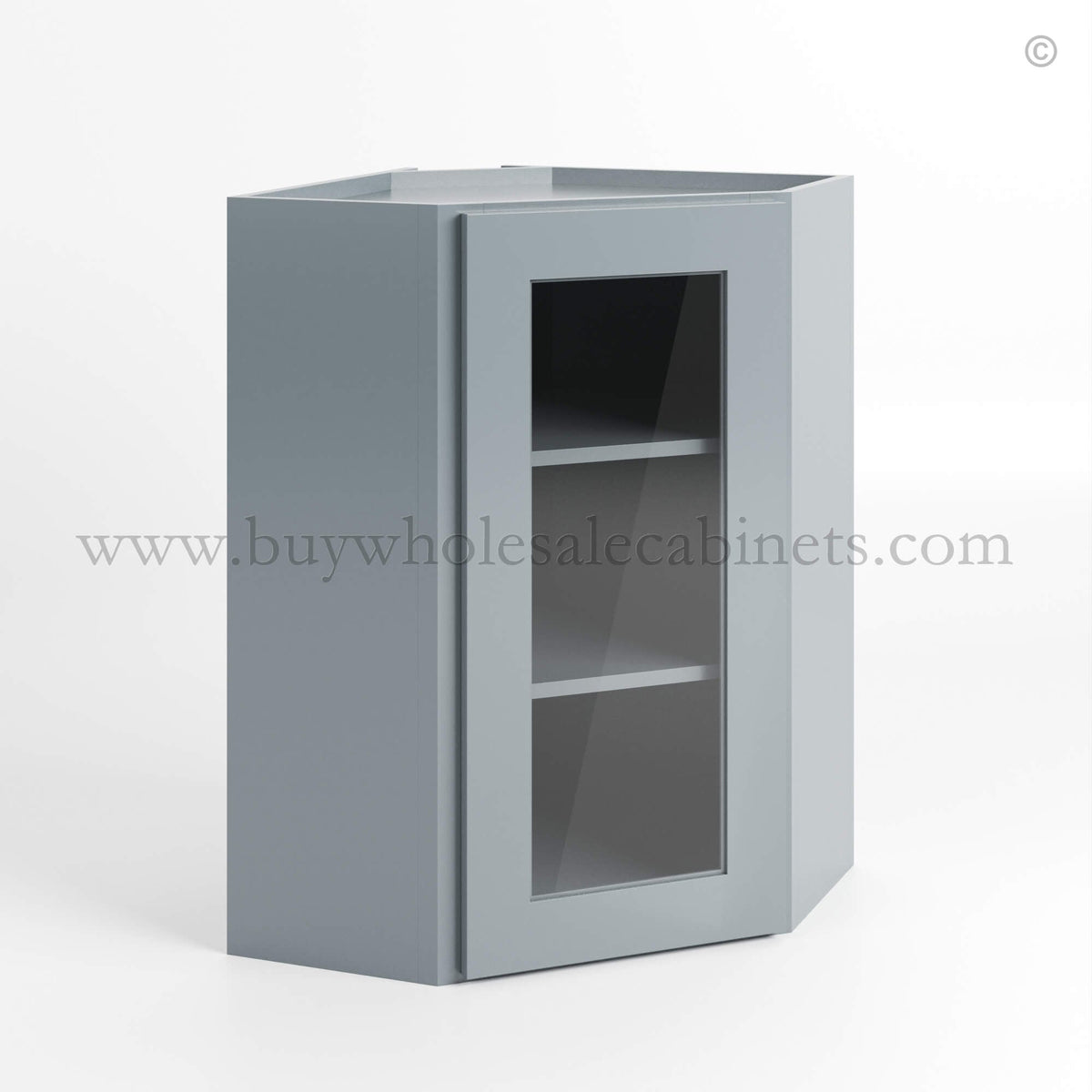 Gray Shaker 24″ Diagonal Corner Wall Cabinet with Glass Door
