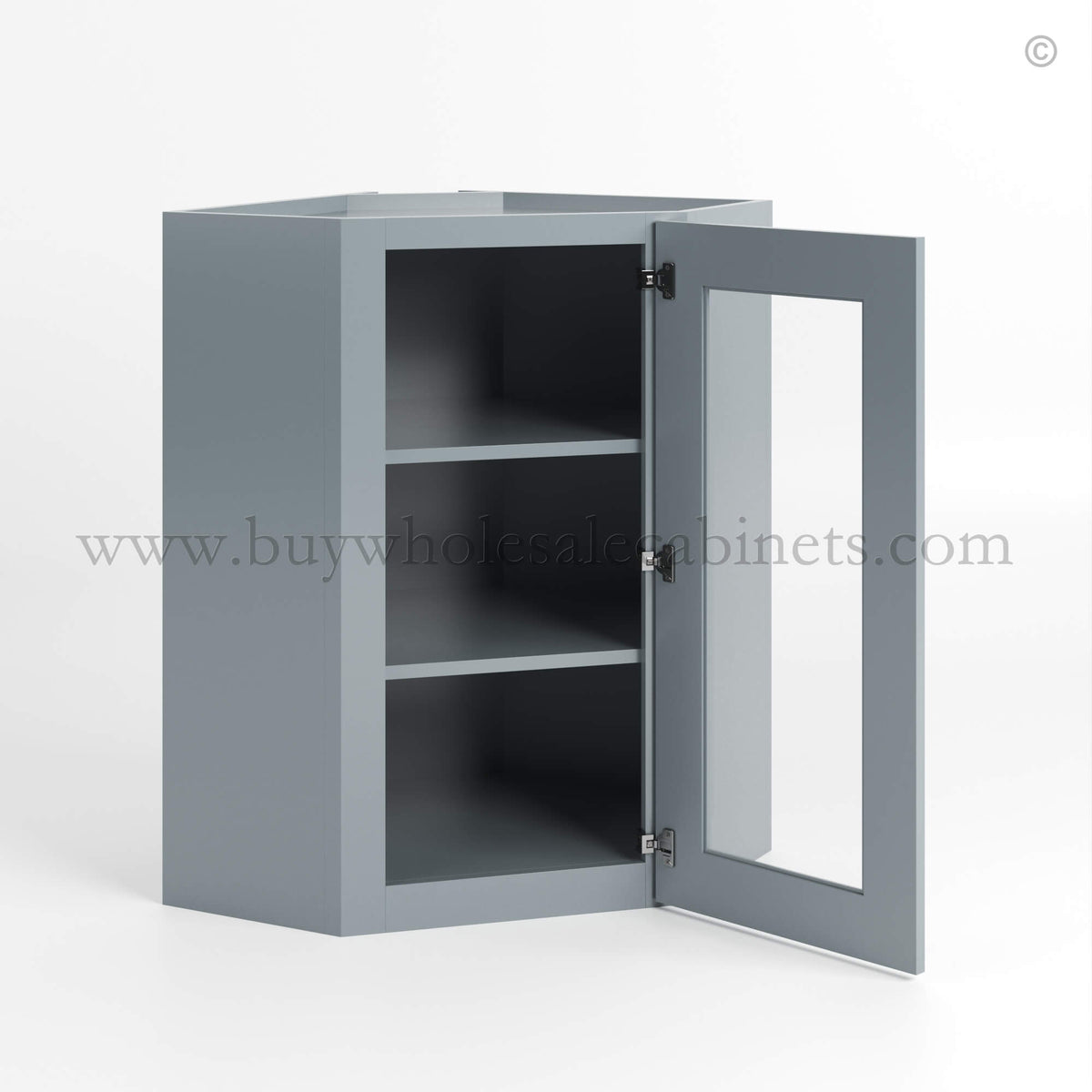 Gray Shaker 24″ Diagonal Corner Wall Cabinet with Glass Door
