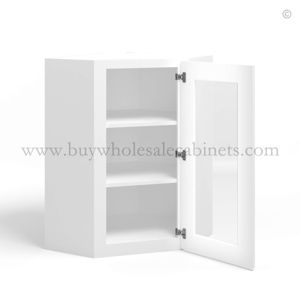 White Shaker 24″ Diagonal Corner Wall Cabinet with Glass Door
