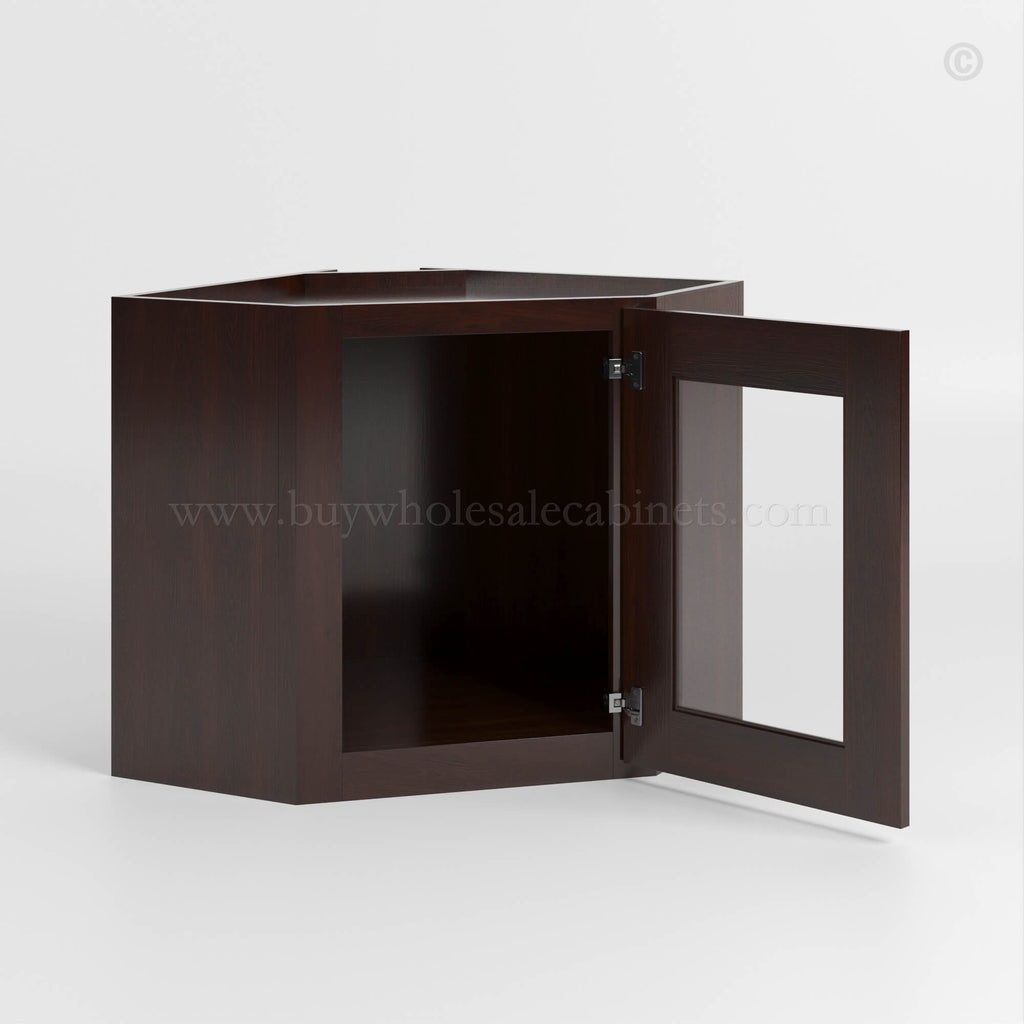 Shaker Espresso 12 x 24 Diagonal Corner Wall Cabinet with Glass Door