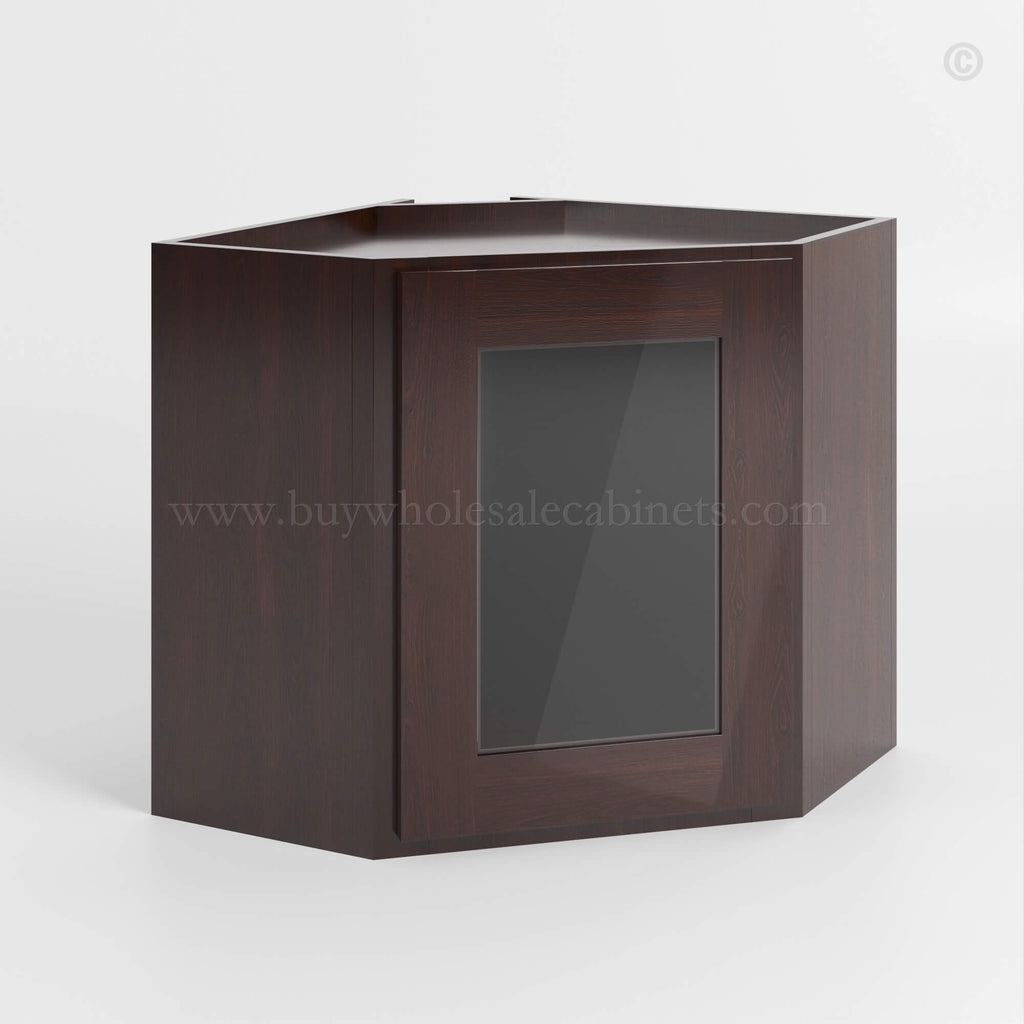 Shaker Espresso 12 x 24 Diagonal Corner Wall Cabinet with Glass Door