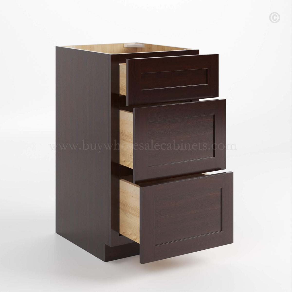 Shaker Espresso Vanity Three Drawer Base Cabinet