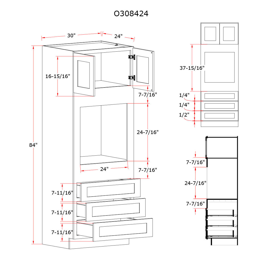 Charleston White Raised Panel 30″ W Double Door Oven Pantry Cabinet with Three Drawers