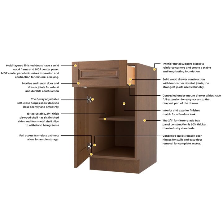 Frameless Classic Chestnut Base Cabinet – 1 Drawer, 2 Doors, 1 Shelf